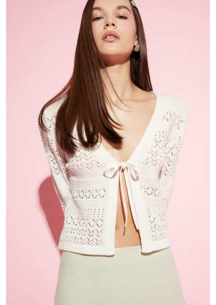 Coool V Yaka Bağcıklı Kroşe Triko Hırka F1753AX25SM