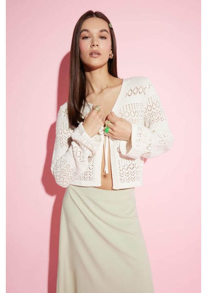 Coool V Yaka Bağcıklı Kroşe Triko Hırka F1753AX25SM