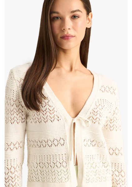 Coool V Yaka Bağcıklı Kroşe Triko Hırka F1753AX25SM