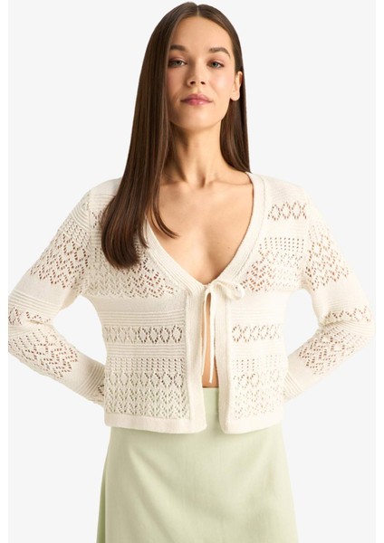 Coool V Yaka Bağcıklı Kroşe Triko Hırka F1753AX25SM