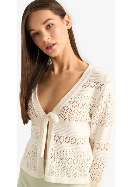 Coool V Yaka Bağcıklı Kroşe Triko Hırka F1753AX25SM