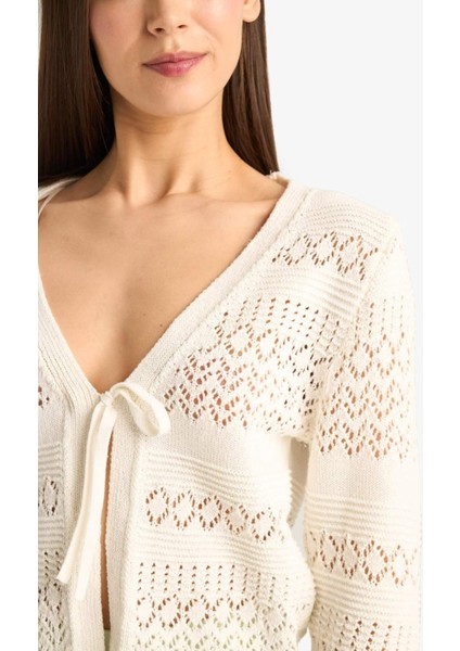 Coool V Yaka Bağcıklı Kroşe Triko Hırka F1753AX25SM