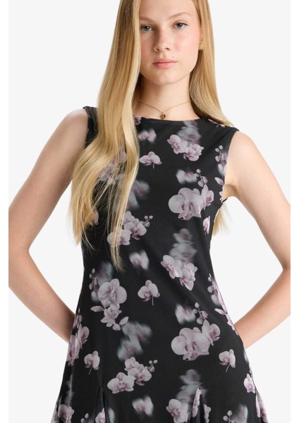 Coool Bisiklet Yaka Desenli Tül Kolsuz Mini Elbise F0415AX25WN