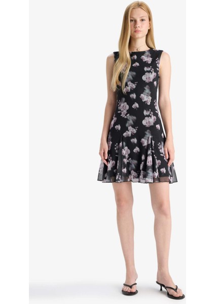 Coool Bisiklet Yaka Desenli Tül Kolsuz Mini Elbise F0415AX25WN