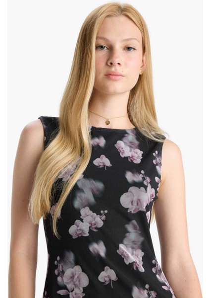 Coool Bisiklet Yaka Desenli Tül Kolsuz Mini Elbise F0415AX25WN