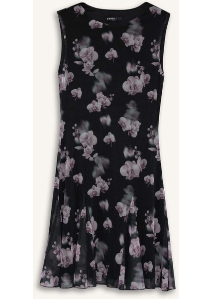 Coool Bisiklet Yaka Desenli Tül Kolsuz Mini Elbise F0415AX25WN