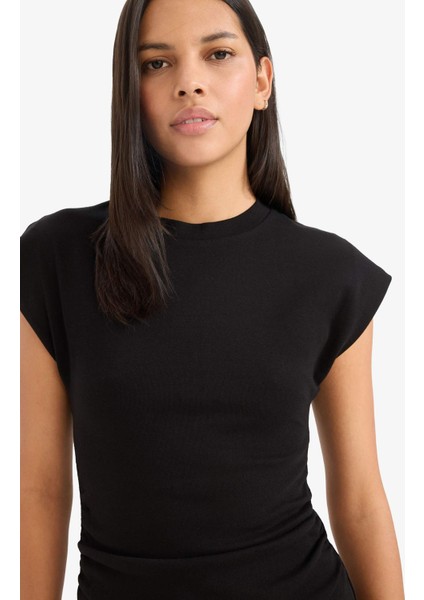 Bodycon Vücudu Saran Bisiklet Yaka Basic Düz Ribana Kolsuz Mini Yazlık Elbise C4513AX25SM