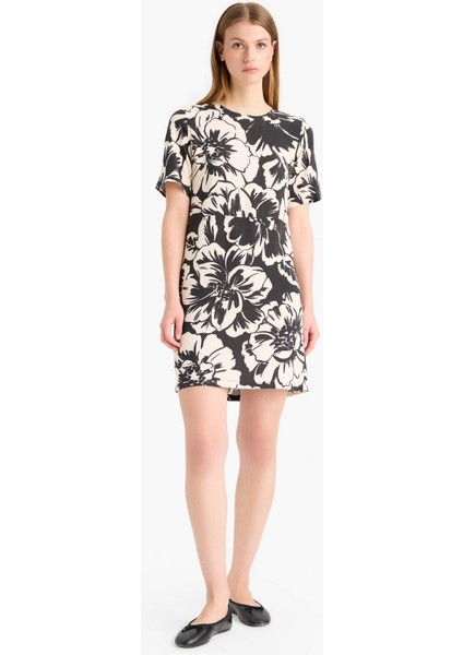 Bisiklet Yaka Çiçek Desenli Kısa Kollu Mini Yazlık Elbise F1834AX25SM