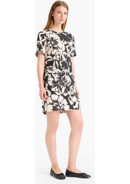 Bisiklet Yaka Çiçek Desenli Kısa Kollu Mini Yazlık Elbise F1834AX25SM