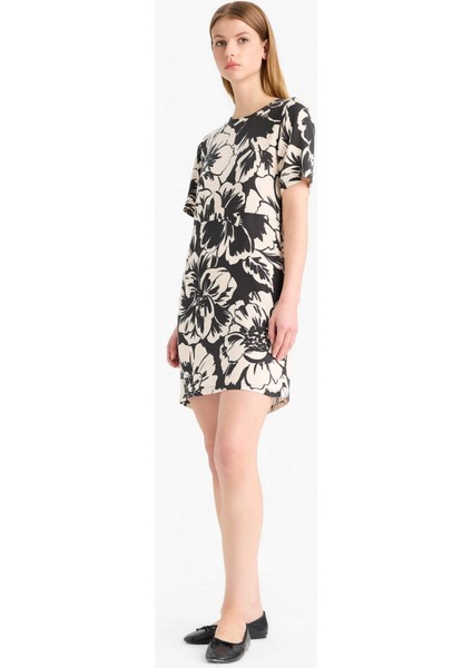 Bisiklet Yaka Çiçek Desenli Kısa Kollu Mini Yazlık Elbise F1834AX25SM