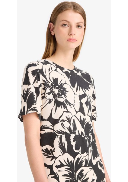 Bisiklet Yaka Çiçek Desenli Kısa Kollu Mini Yazlık Elbise F1834AX25SM