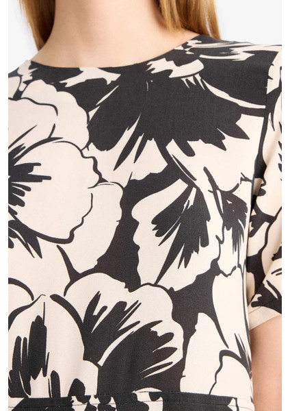 Bisiklet Yaka Çiçek Desenli Kısa Kollu Mini Yazlık Elbise F1834AX25SM