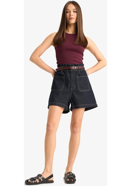 Paperbag Yüksek Bel Katlamalı Paça Jean Şort