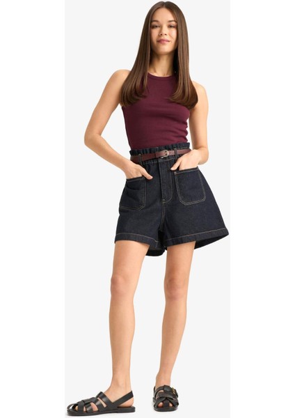 Paperbag Yüksek Bel Katlamalı Paça Jean Şort