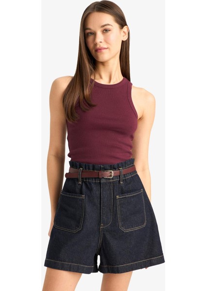 Paperbag Yüksek Bel Katlamalı Paça Jean Şort