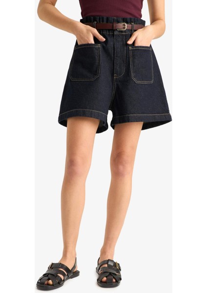 Paperbag Yüksek Bel Katlamalı Paça Jean Şort