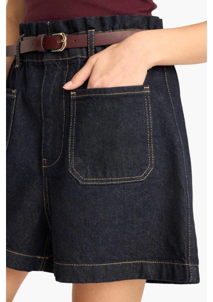 Paperbag Yüksek Bel Katlamalı Paça Jean Şort