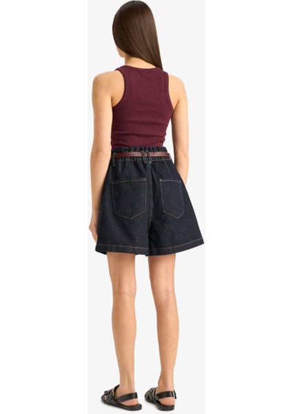 Paperbag Yüksek Bel Katlamalı Paça Jean Şort