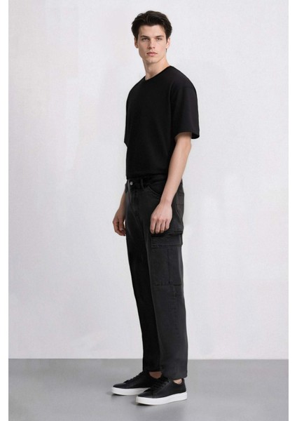 %100 Pamuk Relax Fit Rahat Kesim Düz Paça Kargo Cepli Jean Pantolon F2372AX25SP
