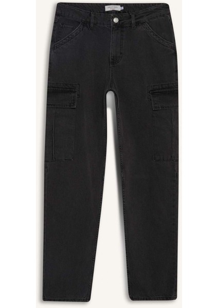 %100 Pamuk Relax Fit Rahat Kesim Düz Paça Kargo Cepli Jean Pantolon F2372AX25SP