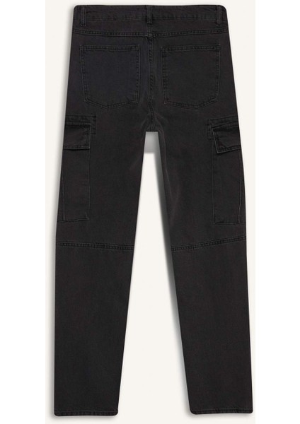 %100 Pamuk Relax Fit Rahat Kesim Düz Paça Kargo Cepli Jean Pantolon F2372AX25SP