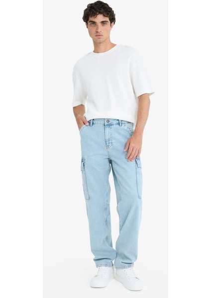 %100 Pamuk Relax Fit Rahat Kesim Düz Paça Kargo Cepli Jean Yıkamalı Pantolon F2381AX25SP