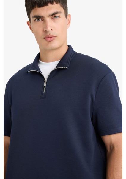 Regular Fit Dik Yaka Yarım Fermuarlı Modal Karışımlı Ağır Kumaş Kısa Kollu Tişört B6502AX25AU