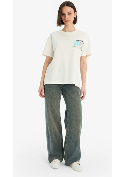 Coool Oversize Geniş Kalıp Bisiklet Yaka Baskılı Kısa Kollu Tişört F2241AX25SM