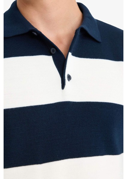 Standart Fit Polo Yaka Düğmeli Renk Bloklu Triko Kazak Y4194AZ25WN