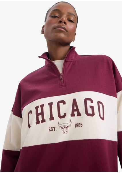 Fit NBA Chicago Bulls Oversize GEniş Kalıp Yarım Fermuarlı Sporcu Sweatshirt E8946AX25AU