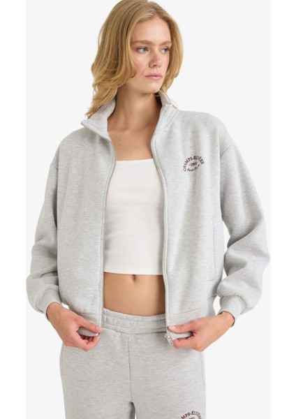 Relax Fit Yarım Balıkçı Yaka Baskılı Kalın Fermuarlı Sweatshirt E9507AX25AU