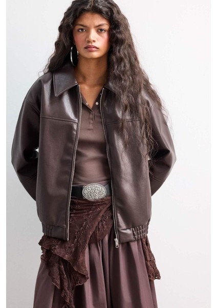 Dad Fit Polo Yaka Fermuarlı Suni Deri Ceket F2681AX25AU