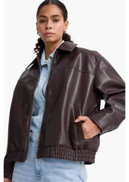 Dad Fit Polo Yaka Fermuarlı Suni Deri Ceket F2681AX25AU