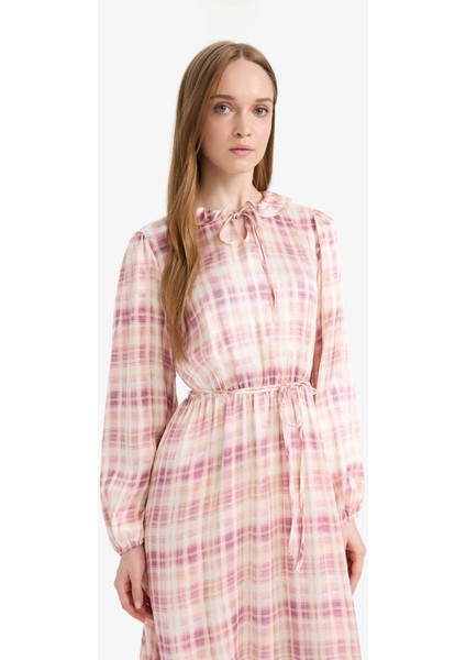 Regular Fit Gömlek Yaka Desenli Saten Uzun Kollu Maxi Elbise F2725AX25SM
