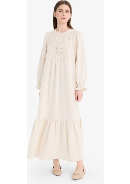 Relax Fit Bisiklet Yaka Keten Karışımlı Uzun Kollu Maxi Elbise F1384AX25SM