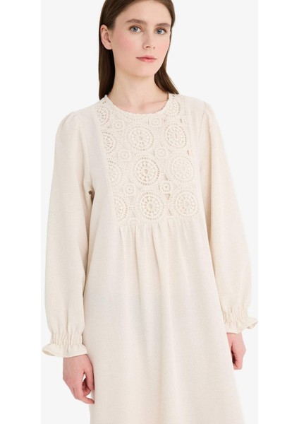 Relax Fit Bisiklet Yaka Keten Karışımlı Uzun Kollu Maxi Elbise F1384AX25SM