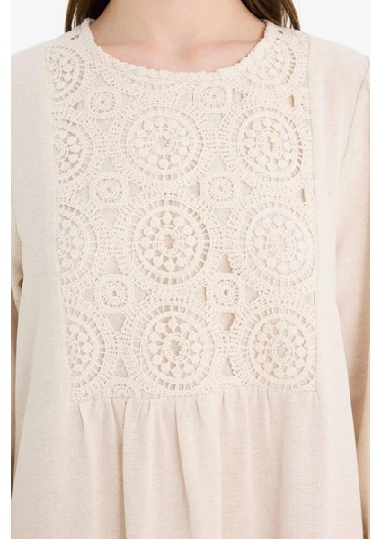 Relax Fit Bisiklet Yaka Keten Karışımlı Uzun Kollu Maxi Elbise F1384AX25SM