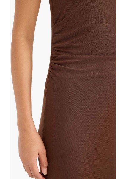 Bodycon Vücudu Saran Yuvarlak Yaka Tül Kolsuz Midi Elbise D8036AX25AU