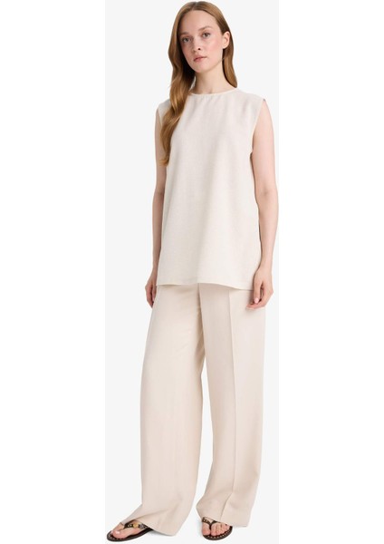 Regular Fit Bisiklet Yaka Basic Düz Keten Karışımlı Kolsuz Tunik D2953AX25SM