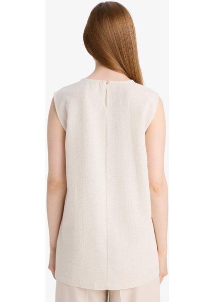 Regular Fit Bisiklet Yaka Basic Düz Keten Karışımlı Kolsuz Tunik D2953AX25SM