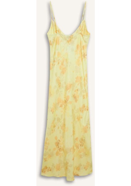 V Yaka Desenlil Yırtmaçlı Saten Askılı Midi Elbise