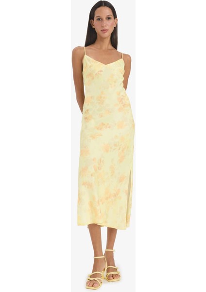 V Yaka Desenlil Yırtmaçlı Saten Askılı Midi Elbise F2828AX25SM