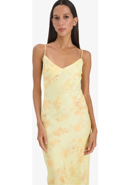 V Yaka Desenlil Yırtmaçlı Saten Askılı Midi Elbise F2828AX25SM