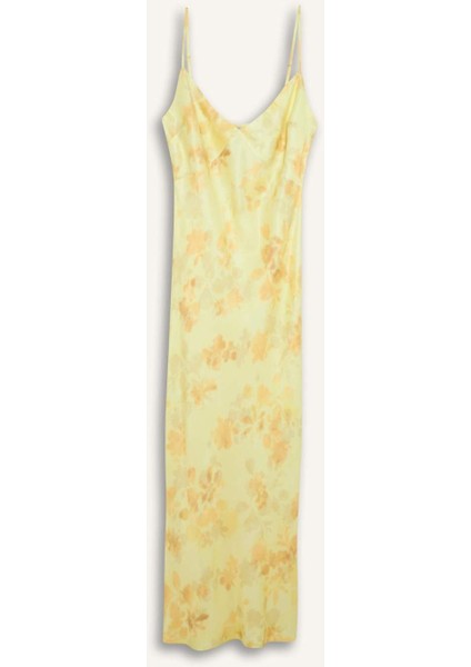 V Yaka Desenlil Yırtmaçlı Saten Askılı Midi Elbise F2828AX25SM