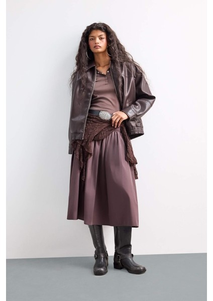 Dad Fit Polo Yaka Fermuarlı Suni Deri Ceket F2681AX25AU