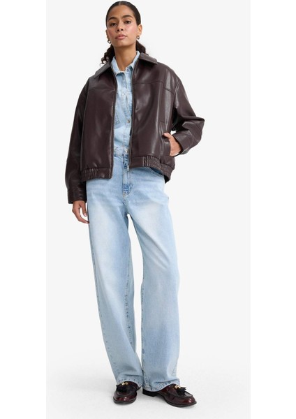 Dad Fit Polo Yaka Fermuarlı Suni Deri Ceket F2681AX25AU