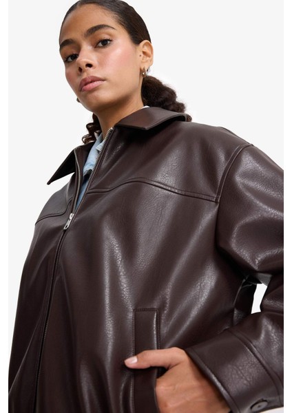 Dad Fit Polo Yaka Fermuarlı Suni Deri Ceket F2681AX25AU