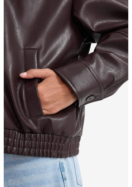 Dad Fit Polo Yaka Fermuarlı Suni Deri Ceket F2681AX25AU