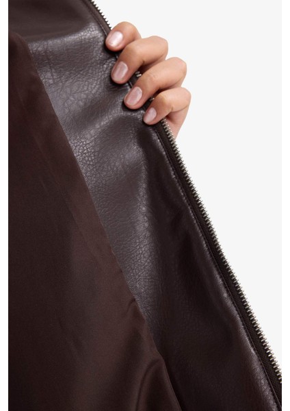 Dad Fit Polo Yaka Fermuarlı Suni Deri Ceket F2681AX25AU