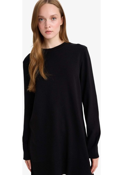 Regular Fit Bisiklet Yaka Yırtmaçlı Basic Düz Triko Kazak Tunik H3431AZ25WN